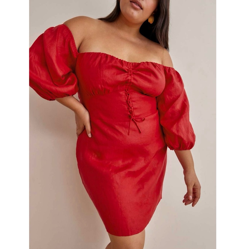 NWT REFORMATION Linen Sweetheart Neck Corset Style Puff Sleeve Coquette Dress 20